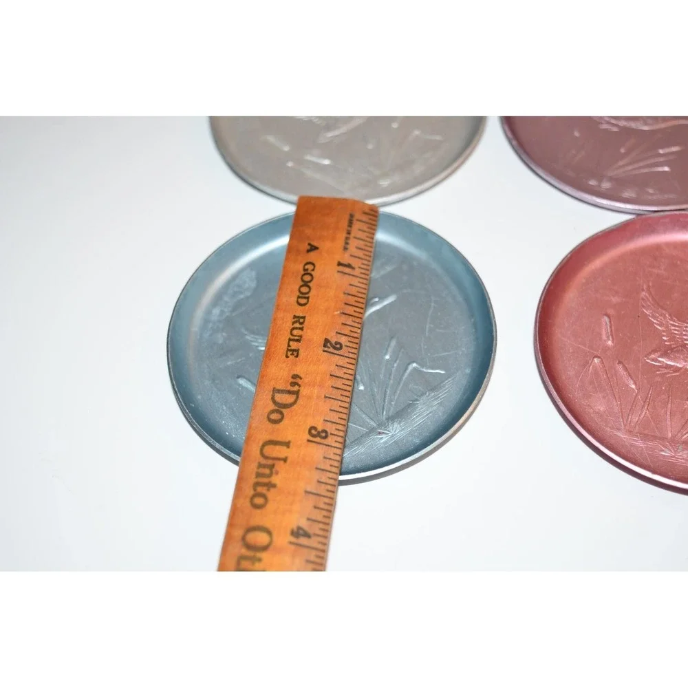 Vtg 6 pc set Ducks Flying‎ Over Cattails Embossed Aluminum Coasters